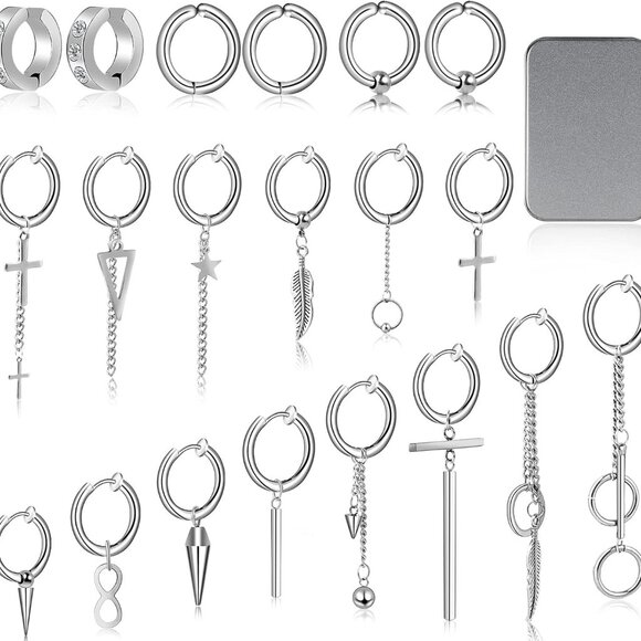 20 Pcs Silver Stainless Steel Non-Piercing Dangle Hoop Earrings for Men, Gift Bo - Picture 1 of 7